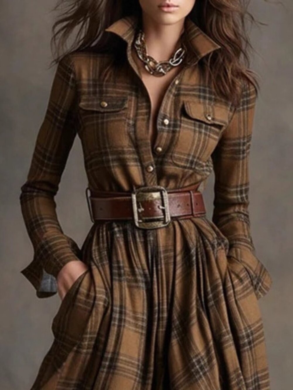 Women's Plaid Long Sleeve Shirt Dress - Picture 2 of 3